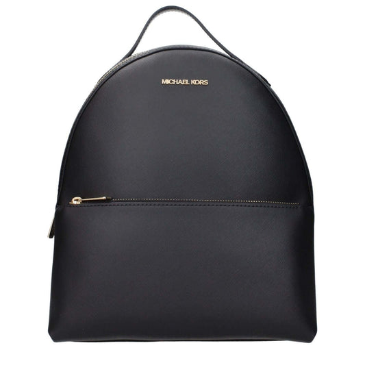 Michael Kors Black Leather Backpack with front logo and adjustable straps, showing elegant design and high-quality craftsmanship.