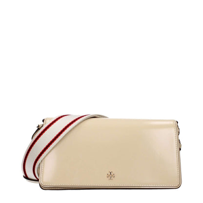 Tory Burch Beige Leather Crossbody Bag with front logo, adjustable and removable shoulder strap, and inner divider pocket.