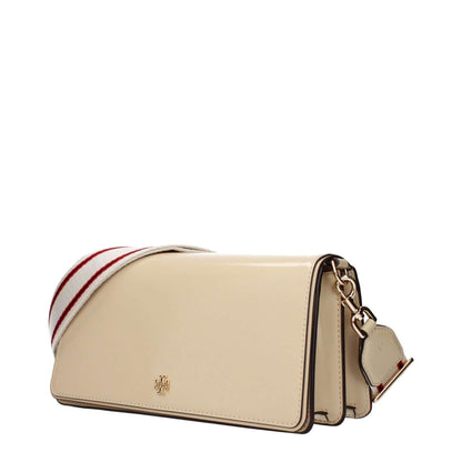 Elegant Tory Burch Beige Leather Crossbody Bag with front logo, adjustable and removable shoulder strap, and inner divider pocket.