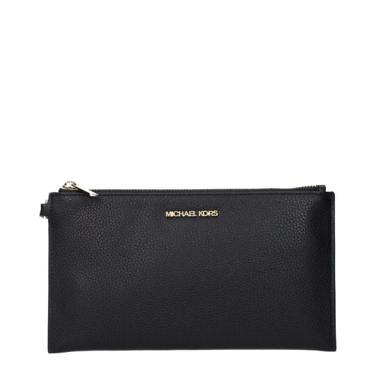 Michael Kors Black Leather Clutch Bag with front logo, featuring stylish and elegant design for modern fashion.
