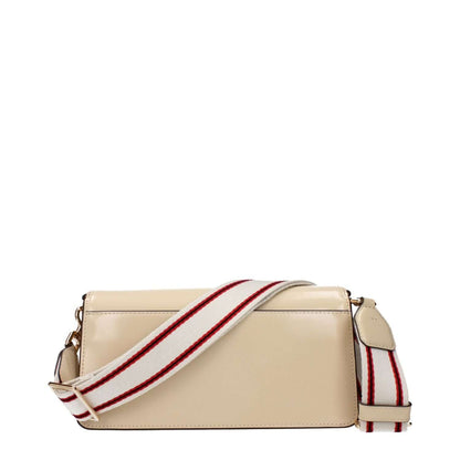Tory Burch Beige Leather Crossbody Bag with striped adjustable strap, removable shoulder option, and divider inner pocket.