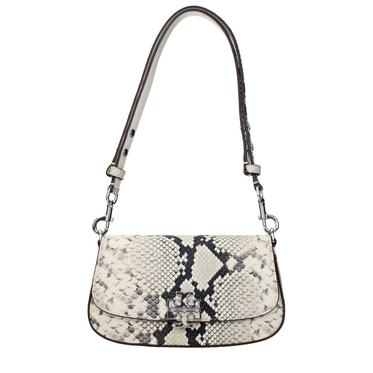 Tory Burch White Leather Shoulder Bag with front logo, adjustable and removable handles, featuring a snake skin pattern.
