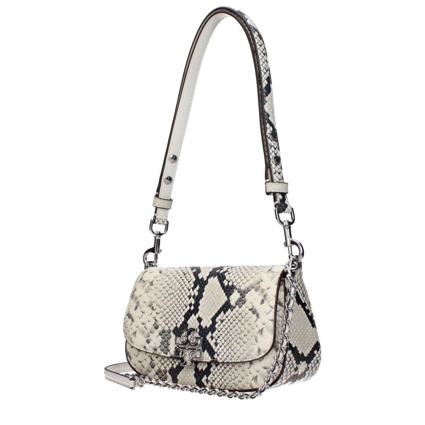 Luxury Tory Burch White Leather Shoulder Bag with snakeskin pattern, logo, adjustable and removable handle.