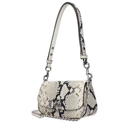 Luxury Tory Burch White Leather Shoulder Bag with snakeskin pattern, logo, adjustable and removable handle.