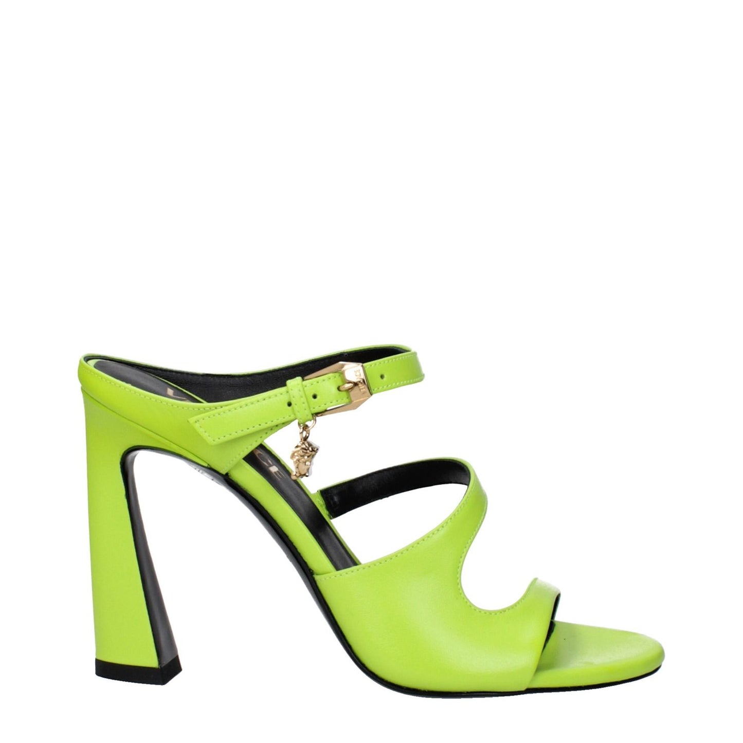 Versace Green Leather Stiletto Heel Sandals with buckle closure and gold side logo, featuring stylish open toe and high heel design.