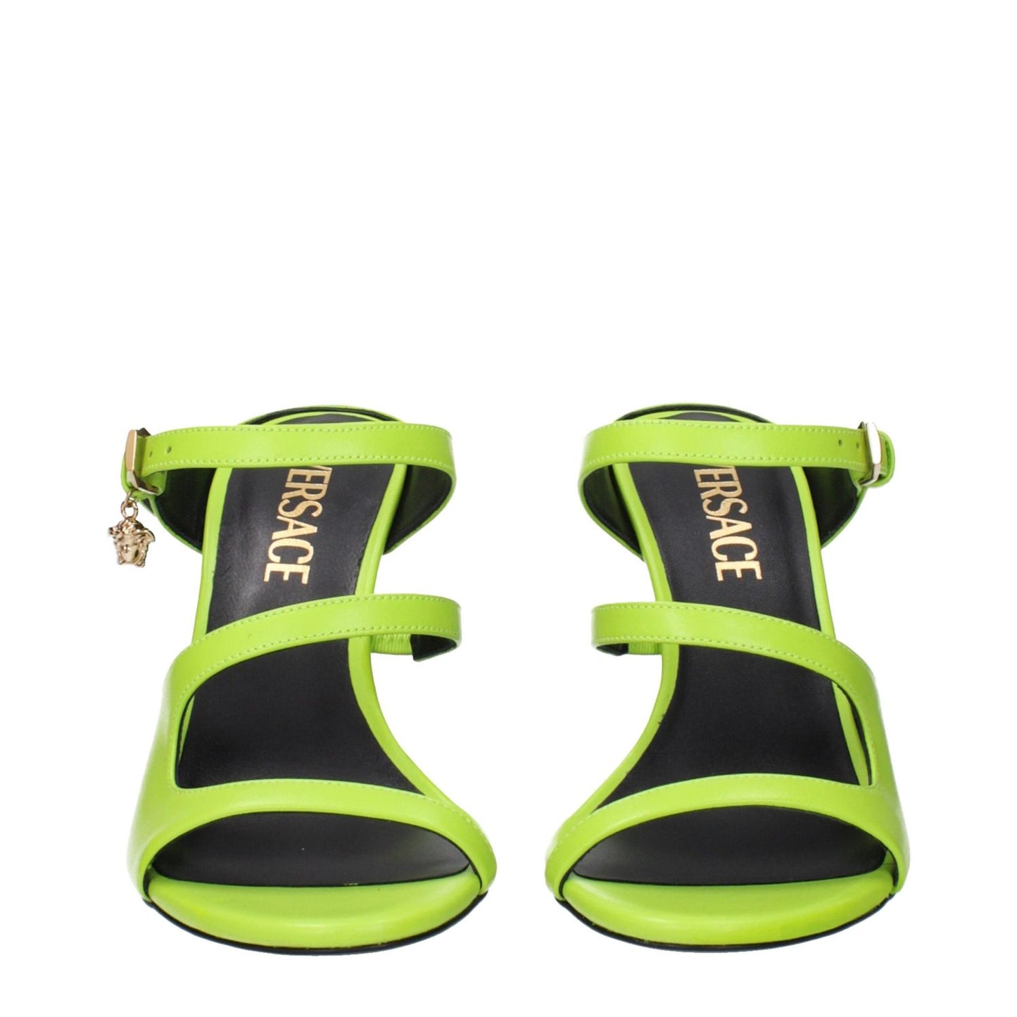 Versace Green Leather Stiletto Heel Sandals with buckle closure and side logo detail, stylish green and lime design, 10 cm high heel.