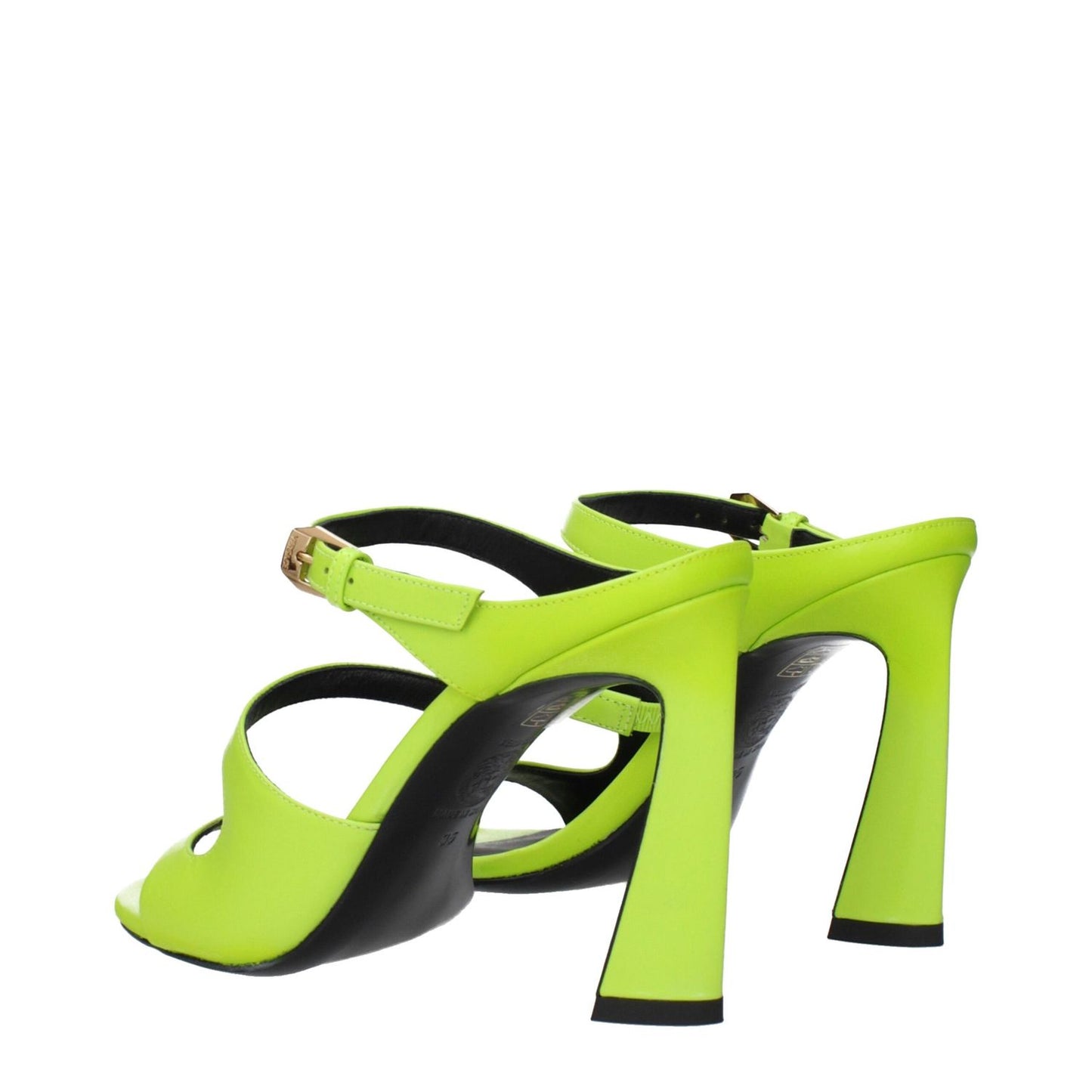 Versace Green Leather Stiletto Heel Sandals with open toe and gold buckle closure, featuring side logo and high heel design.
