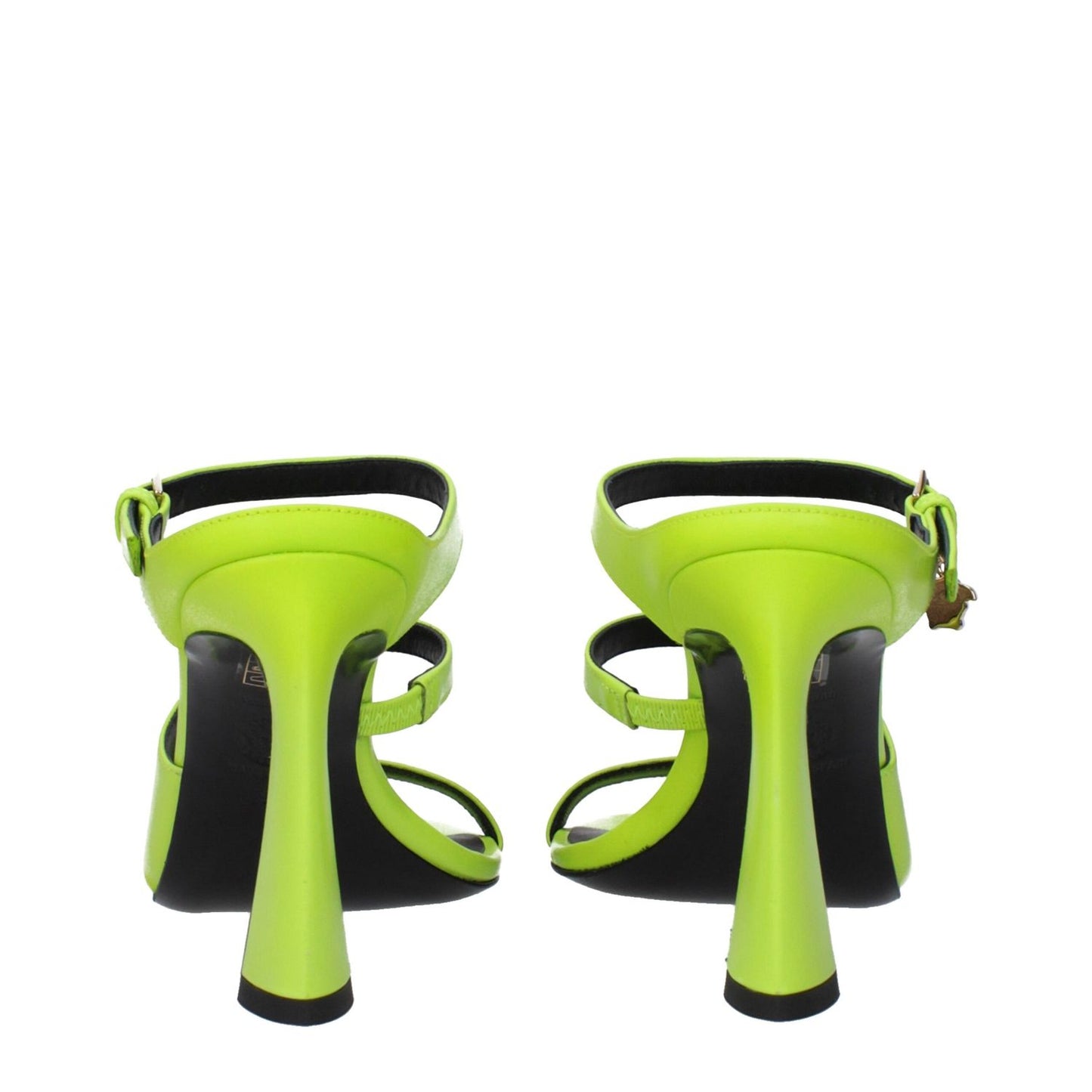 Versace Green Leather Stiletto Heel Sandals with buckle closure, open toe, and lime accents, stylish high heel, rear view.
