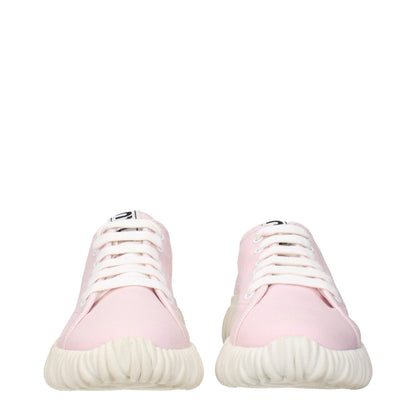 Miu Miu Pink Fabric Low Top Sneakers with front and back logos, featuring a stylish pink design and unique textured sole.
