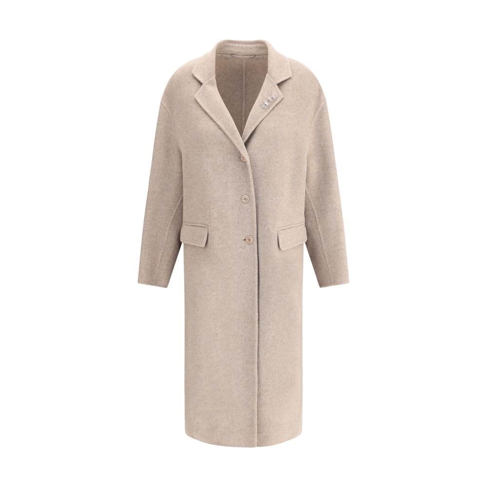 Ermanno Scervino Beige Wool Coat with lapels, V-neckline, rhinestone pins, front button closure, and welt flap pockets. Made in Italy.