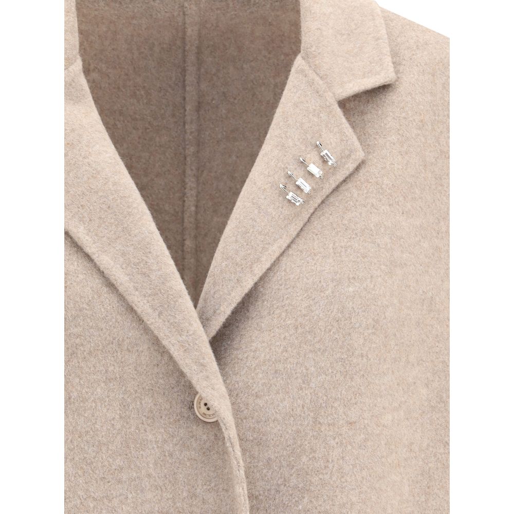 Ermanno Scervino Beige Wool Coat with rhinestone pins on lapel and classic lapels.