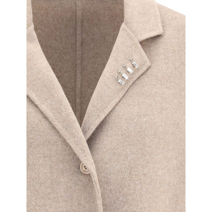 Ermanno Scervino Beige Wool Coat with rhinestone pins on lapel and classic lapels.