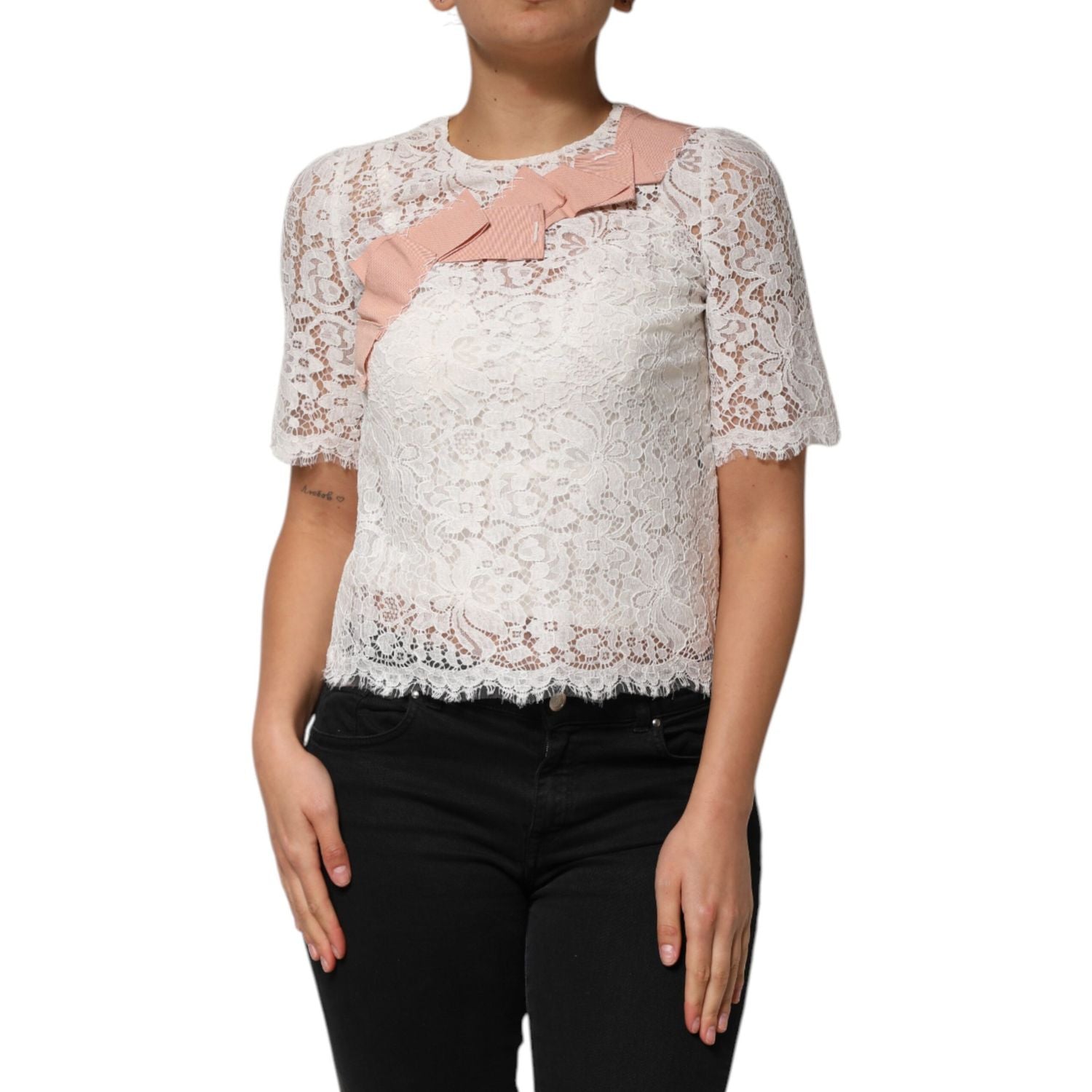 Dolce & Gabbana White Floral Lace Short Sleeves Blouse Top