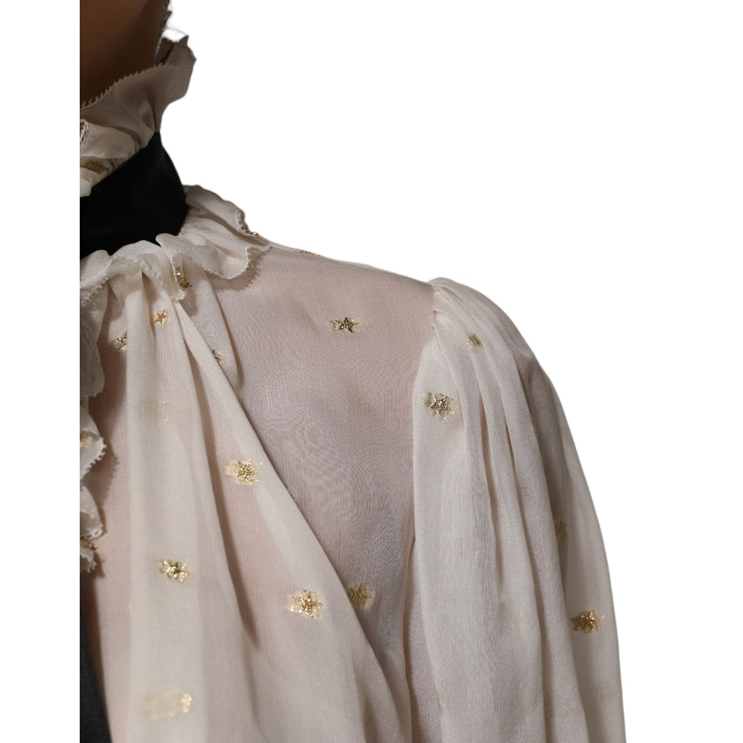 Dolce & Gabbana White Black Silk Long Sleeve Ascot Collar Top