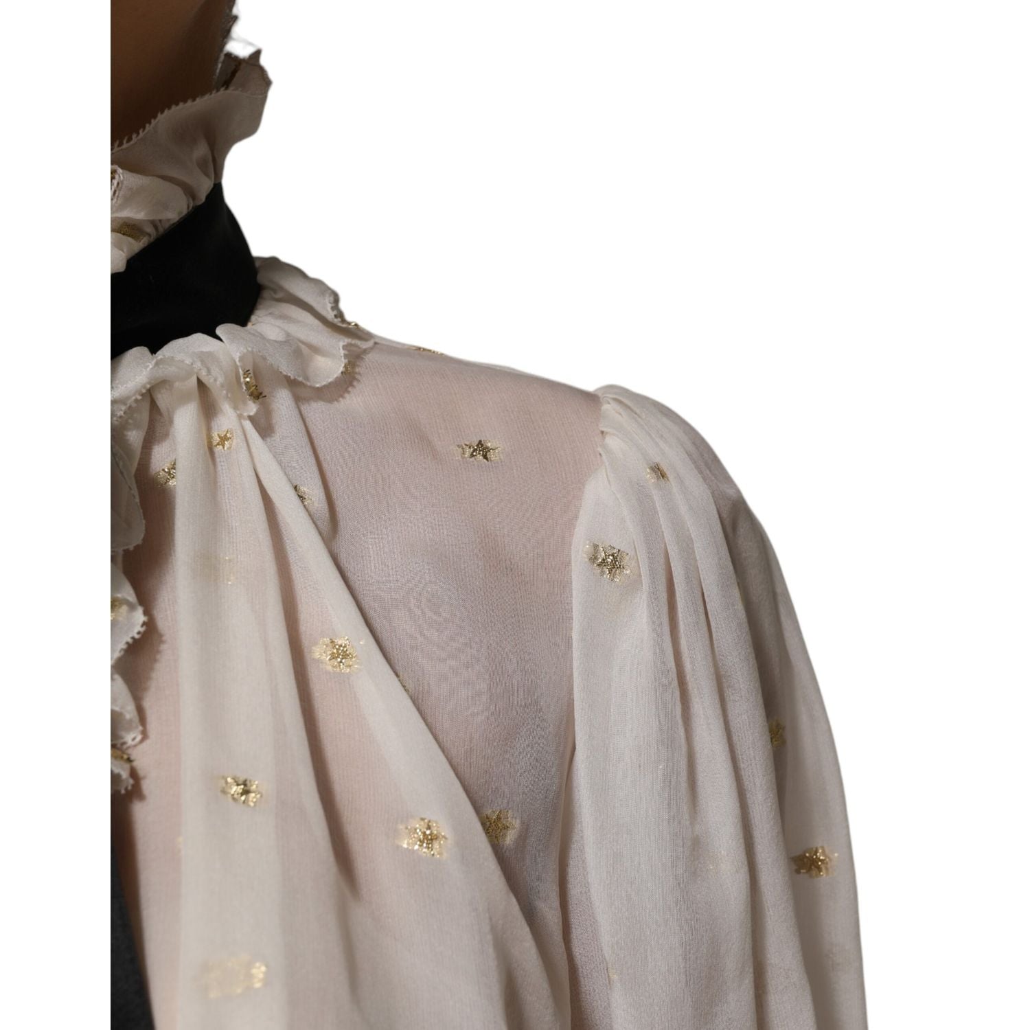 Dolce & Gabbana White Black Silk Long Sleeve Ascot Collar Top