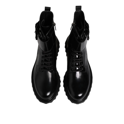 Dolce & Gabbana Black Leather Lace Up Mid Calf Boots Shoes