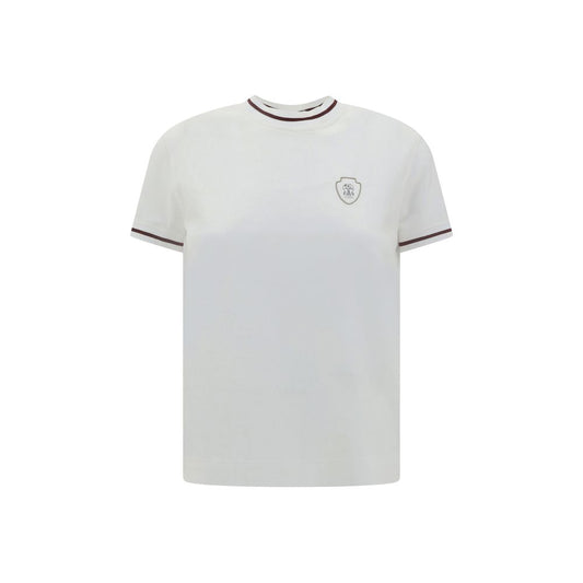 Brunello Cucinelli White Cotton T-Shirt with ribbed crew neck and brand monogram, elegant and versatile design, regular fit.