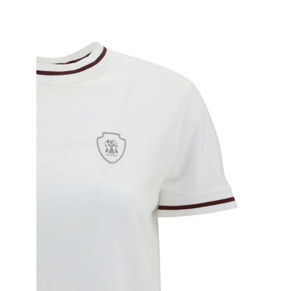Brunello Cucinelli White Cotton T-Shirt with ribbed crew neck and monogram logo on front, elegant and versatile design.