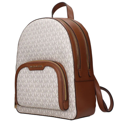 Michael Kors Beige Fabric Backpack with logo, adjustable straps, and logo print design in beige and brown.