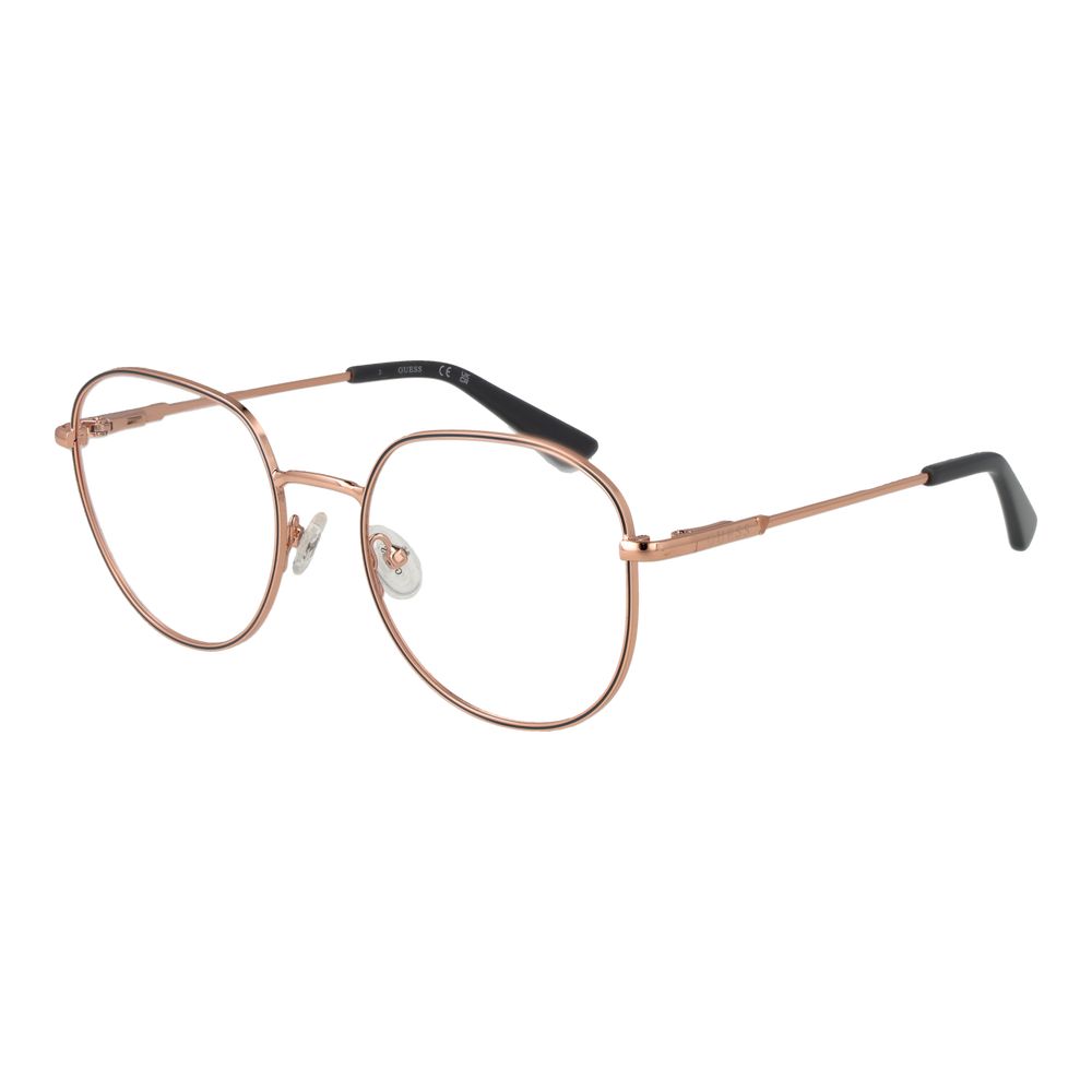 Guess Rose Gold Women Glasses Frame, full-rim round metal frame with demo lenses, includes branded case.