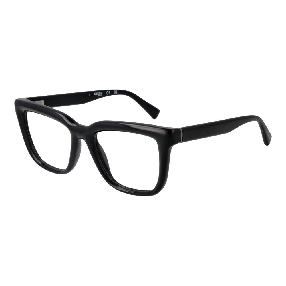 Guess Black Unisex Glasses Frame - Black full-rim plastic rectangle frames with demo lenses. Includes branded case. Size 52-19-145.