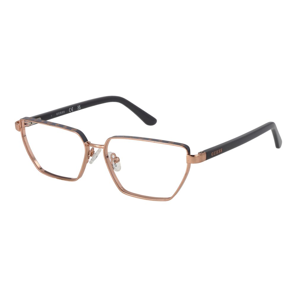 Guess Rose Gold Women Glasses Frame in metal full-rim butterfly style with demo lenses, 55-14-140 size, includes branded case.