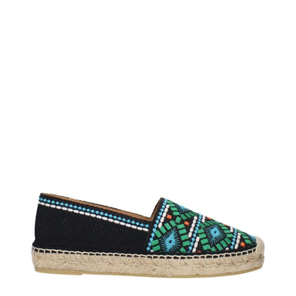 Prada Black Fabric Espadrilles with colorful print design, side view.