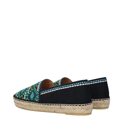 Prada Black Fabric Espadrilles with colorful print detail and natural woven sole, side view showcasing unique design.