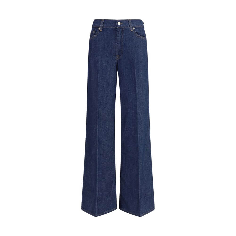 7FOR Blue Cotton Jeans Denim, wide-leg design for relaxed look, lightweight cotton modal blend, classic five-pocket with zip closure.