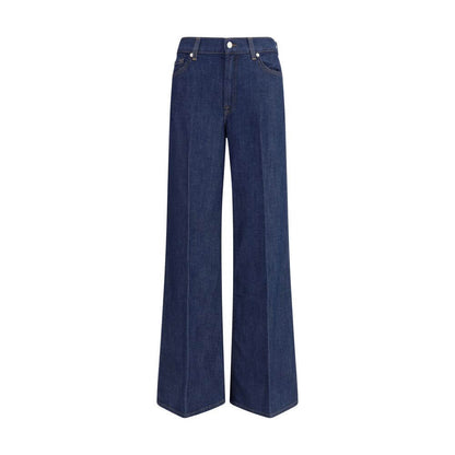 7FOR Blue Cotton Jeans Denim, wide-leg design for relaxed look, lightweight cotton modal blend, classic five-pocket with zip closure.