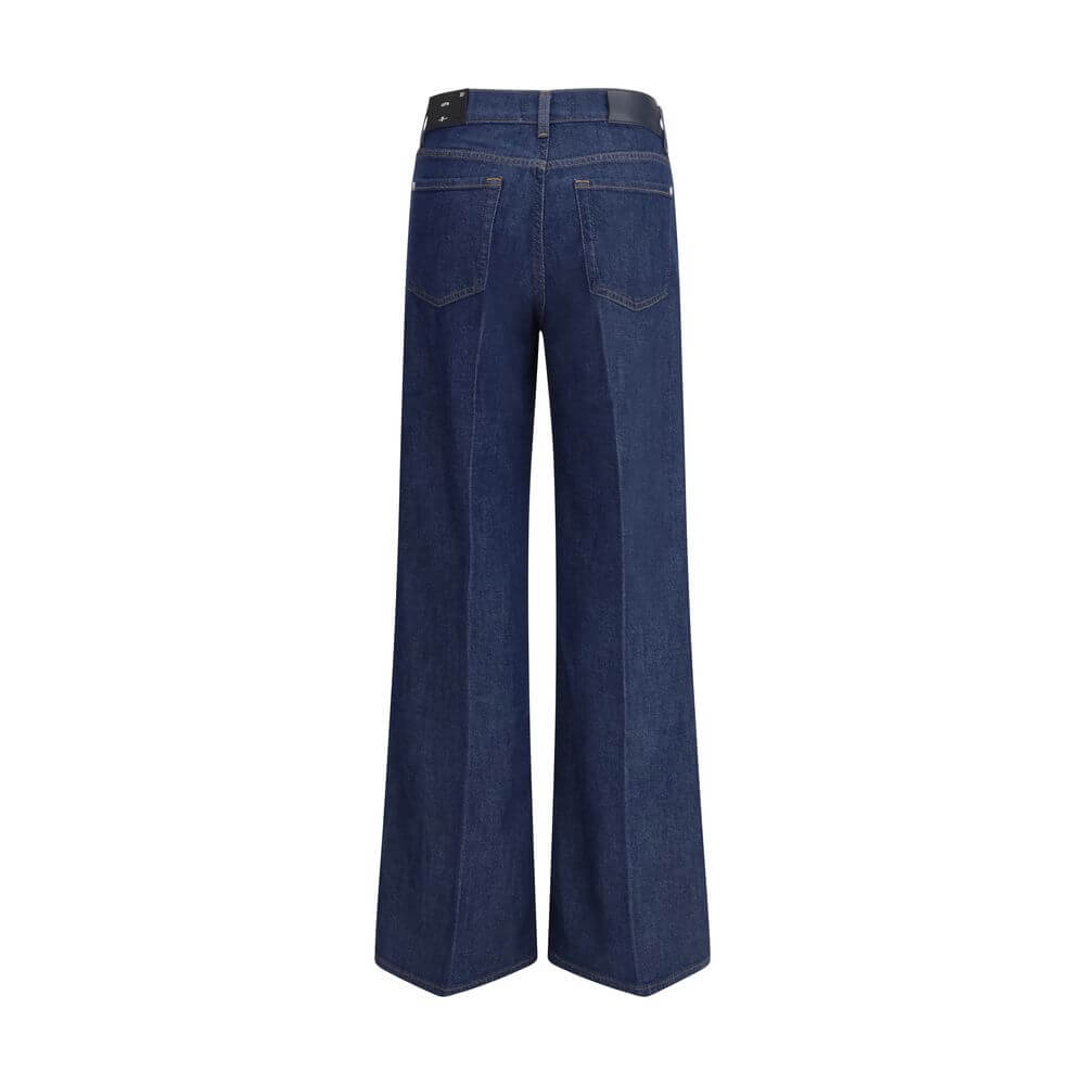 Back view of 7FOR Blue Cotton Jeans Denim featuring wide leg design and five-pocket pattern, crafted for comfort with cotton and modal blend.