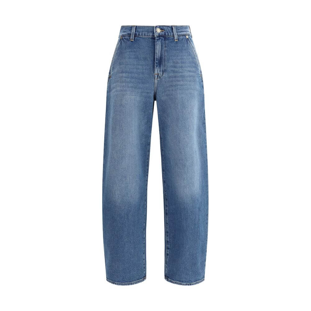 7FOR Light Blue Cotton Relaxed Fit Jeans with wide leg and mid-rise, featuring five-pocket design and zipper/button closure, AW25 collection.