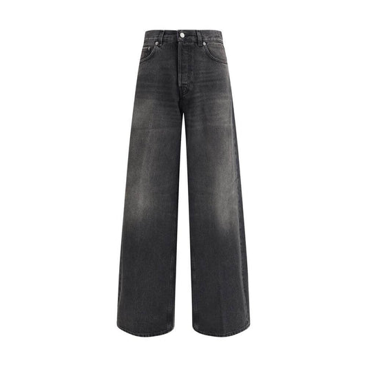 Haikure Black Cotton Relaxed Fit Jeans with wide legs and buttoned front closure, featuring a logoed leather patch at the back.