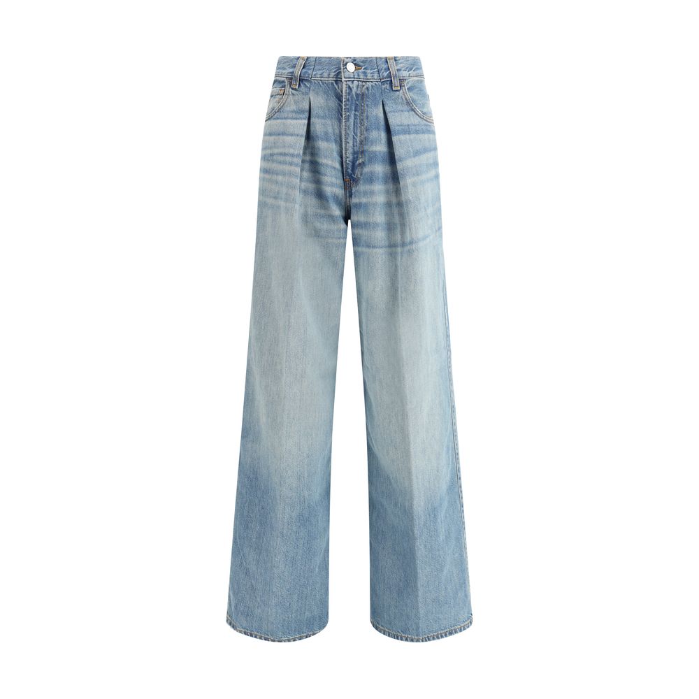 Haikure Light Blue Cotton Jeans Denim with wide-leg design, medium waist, five-pocket style, button closure, and logo patch.
