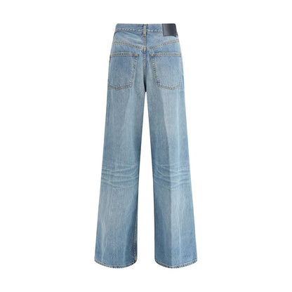 Haikure Light Blue Cotton Jeans Denim showcasing wide-leg, medium waist design with logoed leather patch, back view.