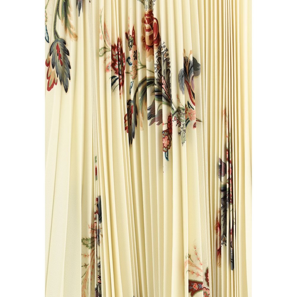 Close-up of Etro Yellow Polyester Midi Skirt with floral print, showcasing pleated sablé fabric and romantic aesthetic for AW25.