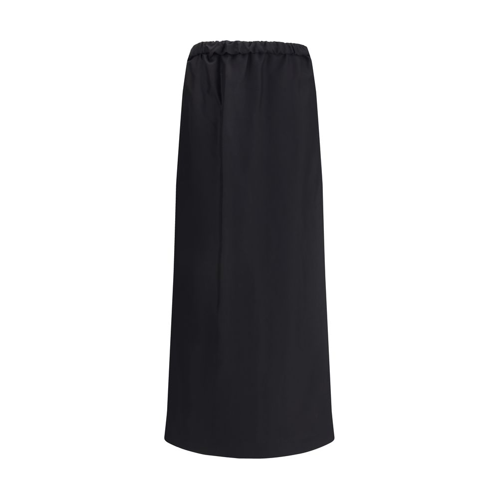 The Row Black Cotton Midi Skirt with flared fit and elastic waist, made from cotton-silk voile for understated elegance, front view
