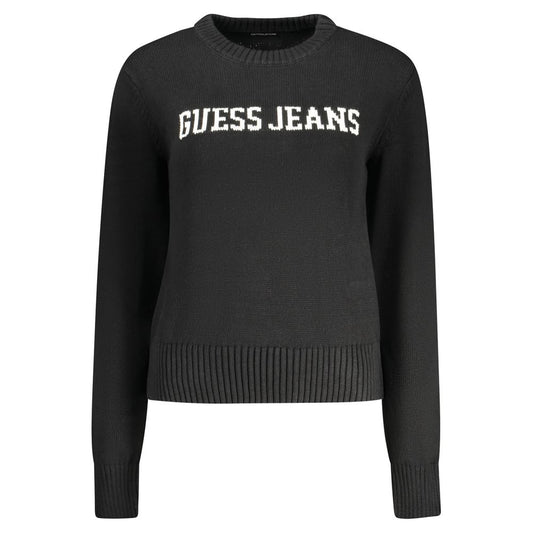 Guess Jeans Black Cotton Sweater with long sleeves, crew neck, embroidery, and logo displayed on front.