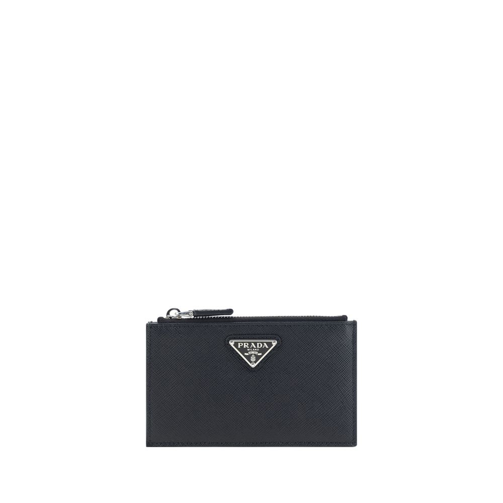 Prada Black Calf Leather Bos Taurus Wallet with coin compartment, card slots, and enameled plaque, crafted from grained leather for durability.