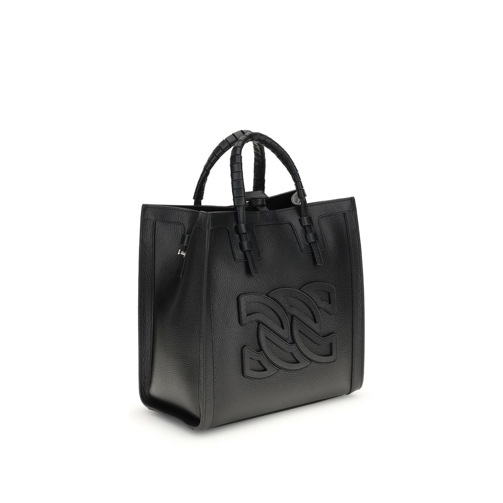 Casadei Black Calf Leather Bos Taurus Shoulder Bag with embossed logo, tubular handles, removable strap, and hook-and-eye closure.