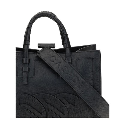Casadei Black Calf Leather Bos Taurus Shoulder Bag with tubular handles and embossed logo, featuring adjustable strap and elegant closure.
