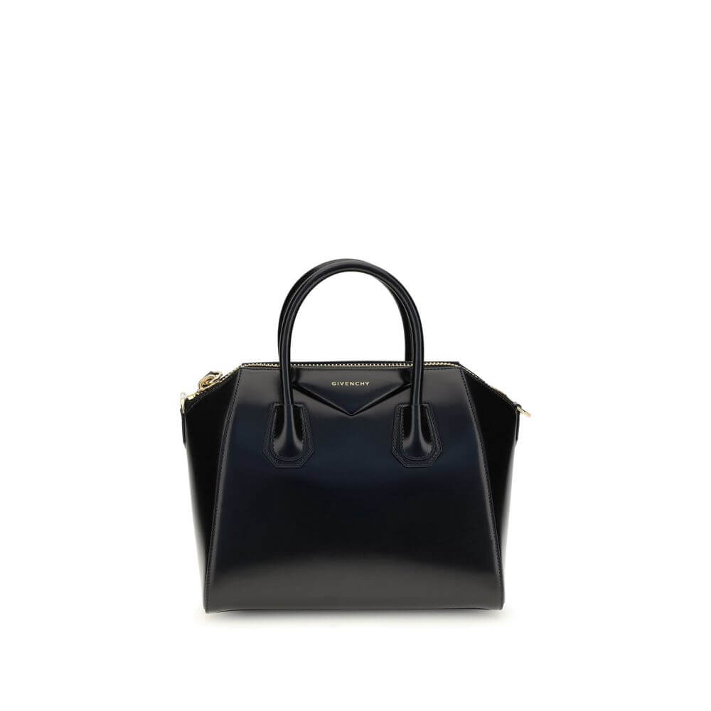 Givenchy Black Calf Leather Bos Taurus Handbag with gold details and embossed logo, featuring removable strap for versatile use.