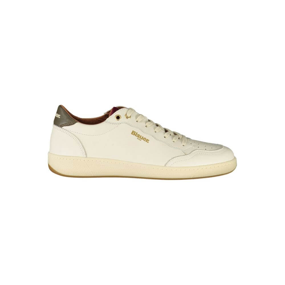 Blauer White Leather Men Sneaker with contrasting green details and sculpted silhouette.