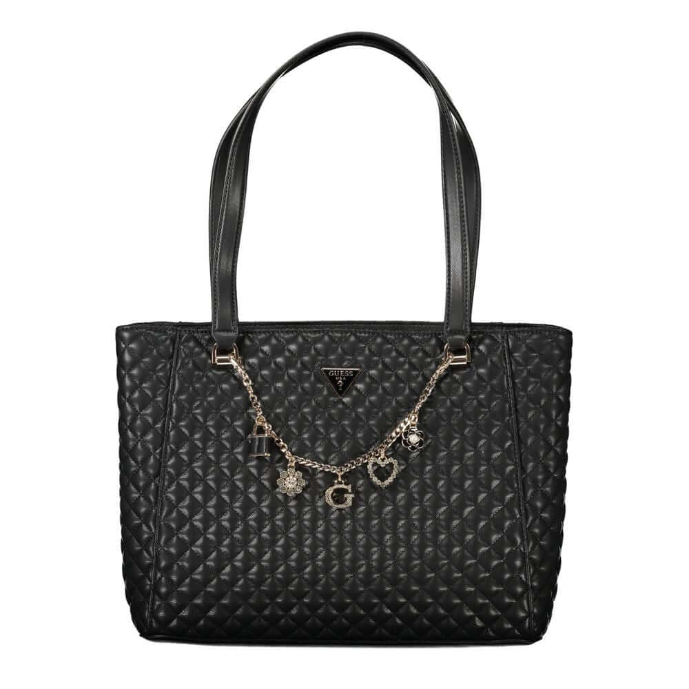 Guess Jeans Black Polyethylene Women Handbag with quilted texture and decorative charm chain.