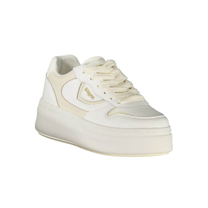 Blauer White Leather Women Sneaker with bold design and removable insole, featuring brand logo and second set of laces for added style.