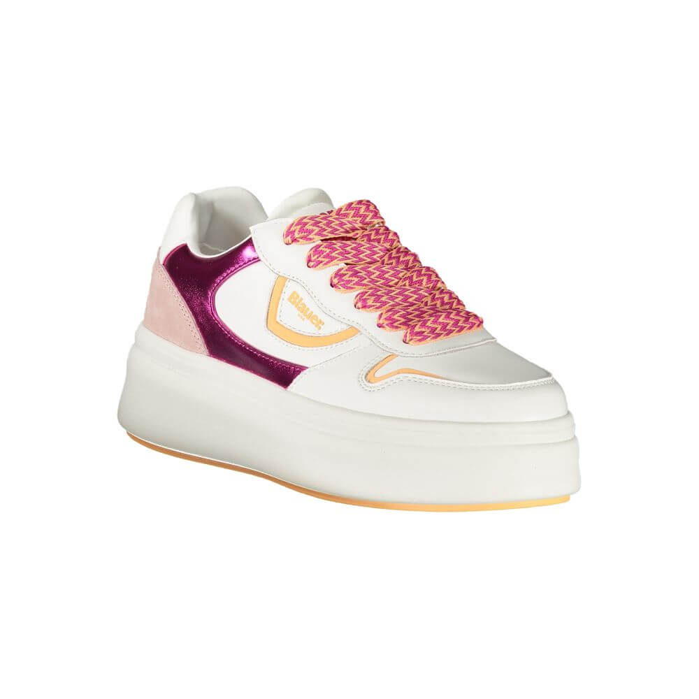 Blauer White Leather Women Sneaker with pink accents and contrasting laces, featuring comfort and style with removable insole and iconic logo design.