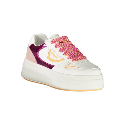 Blauer White Leather Women Sneaker with pink accents and contrasting laces, featuring comfort and style with removable insole and iconic logo design.