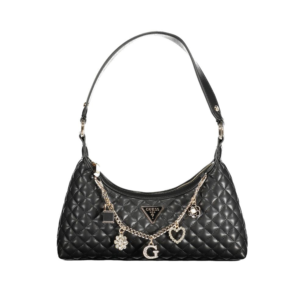 Guess Jeans Black Polyethylene Women Handbag with quilted design and decorative charms.