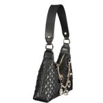 Guess Jeans Black Polyethylene Women Handbag with quilted design and decorative chain, side view showcasing strap and detailing.