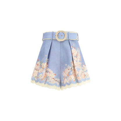 Zimmermann Light Blue Linen Bermuda Shorts with botanical print and belted waist for chic summer style.